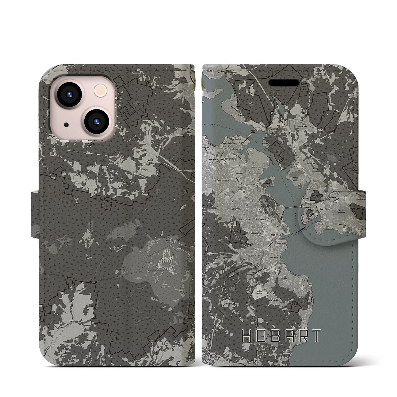 【ホバート(オーストラリア)】地図柄iPhoneケース(手帳タイプ)モノトーン・iPhone 13 mini 用