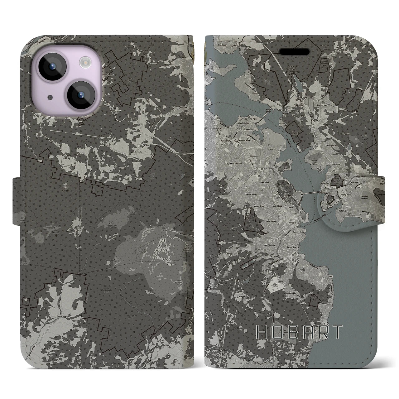 【ホバート(オーストラリア)】地図柄iPhoneケース(手帳タイプ)モノトーン・iPhone 14 用