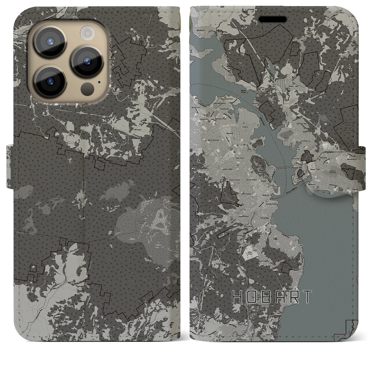 【ホバート(オーストラリア)】地図柄iPhoneケース(手帳タイプ)モノトーン・iPhone 14 Pro Max 用