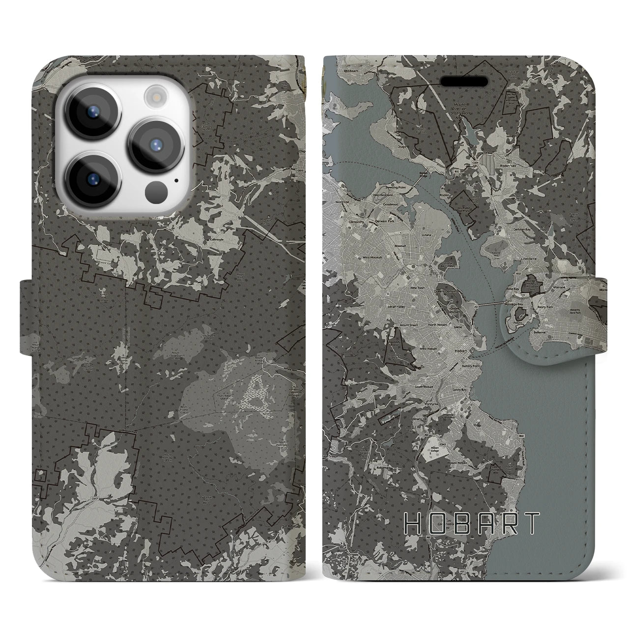 【ホバート(オーストラリア)】地図柄iPhoneケース(手帳タイプ)モノトーン・iPhone 14 Pro 用