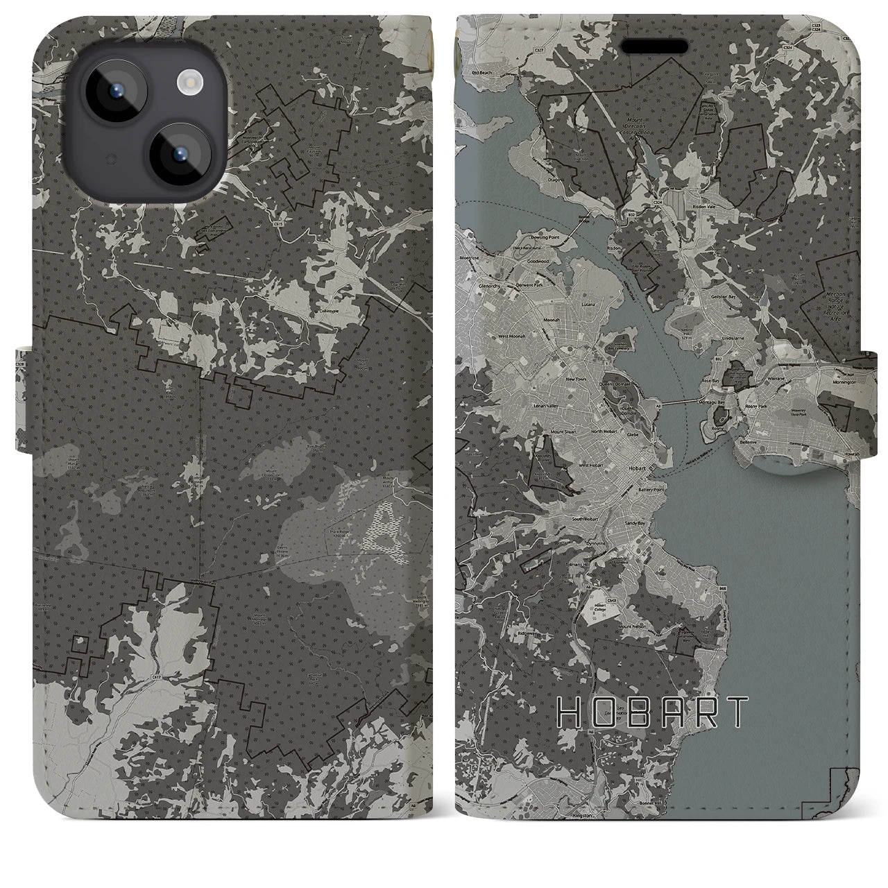 【ホバート(オーストラリア)】地図柄iPhoneケース(手帳タイプ)モノトーン・iPhone 14 Plus 用