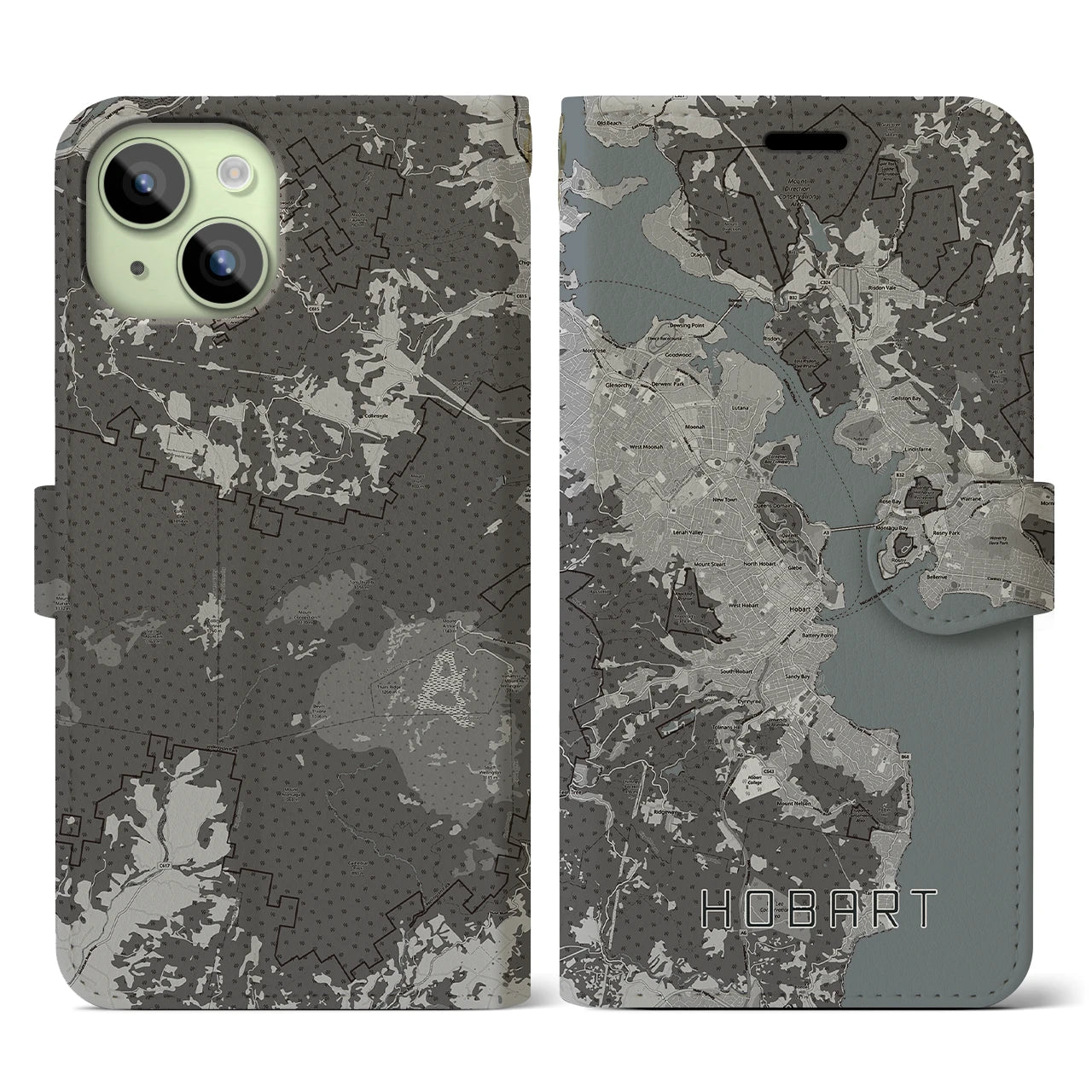 【ホバート(オーストラリア)】地図柄iPhoneケース(手帳タイプ)モノトーン・iPhone 15 用