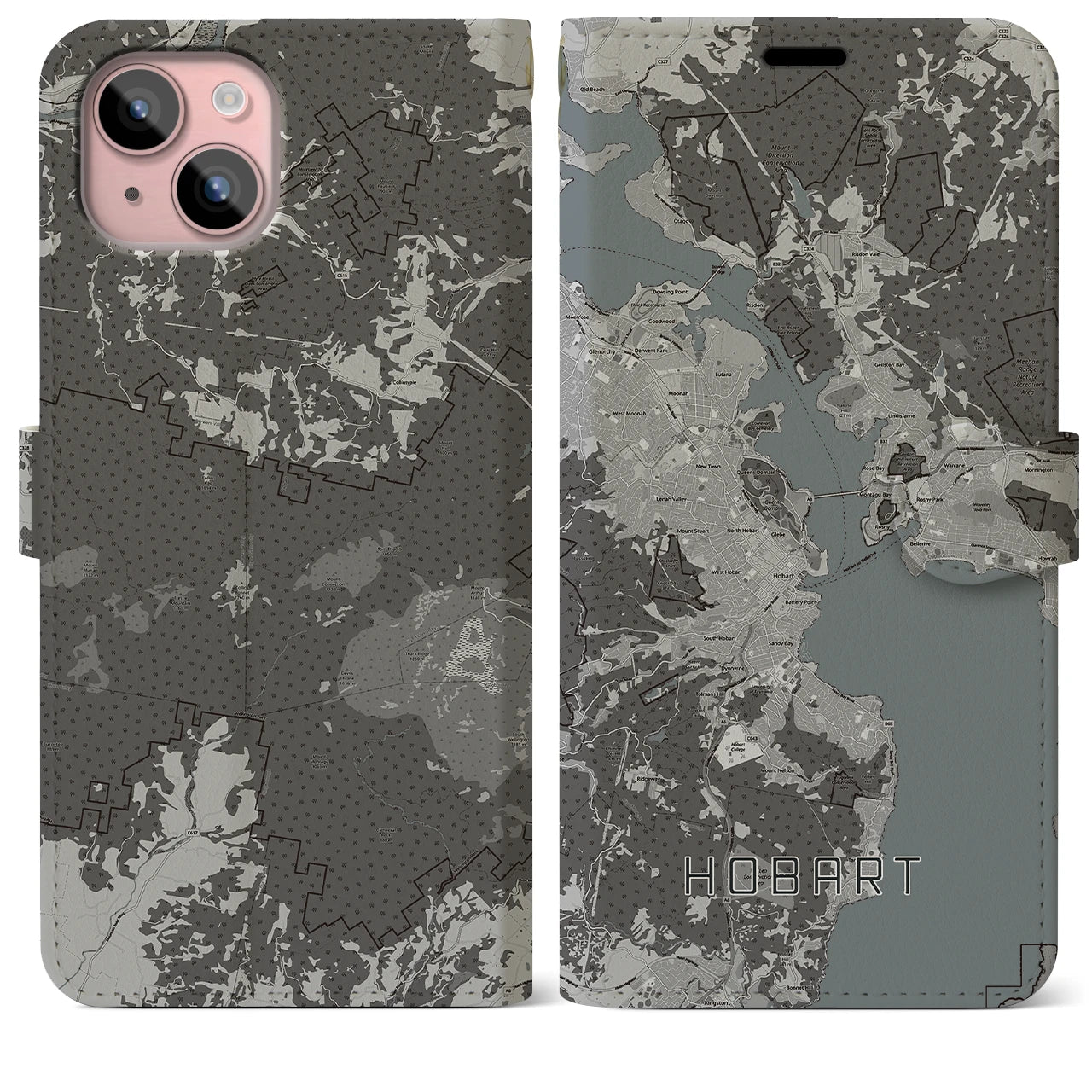 【ホバート(オーストラリア)】地図柄iPhoneケース(手帳タイプ)モノトーン・iPhone 15 Plus 用