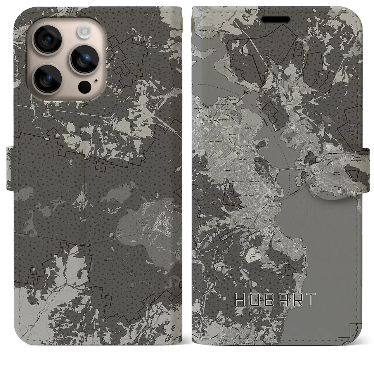【ホバート(オーストラリア)】地図柄iPhoneケース(手帳タイプ)モノトーン・iPhone 16 Plus 用