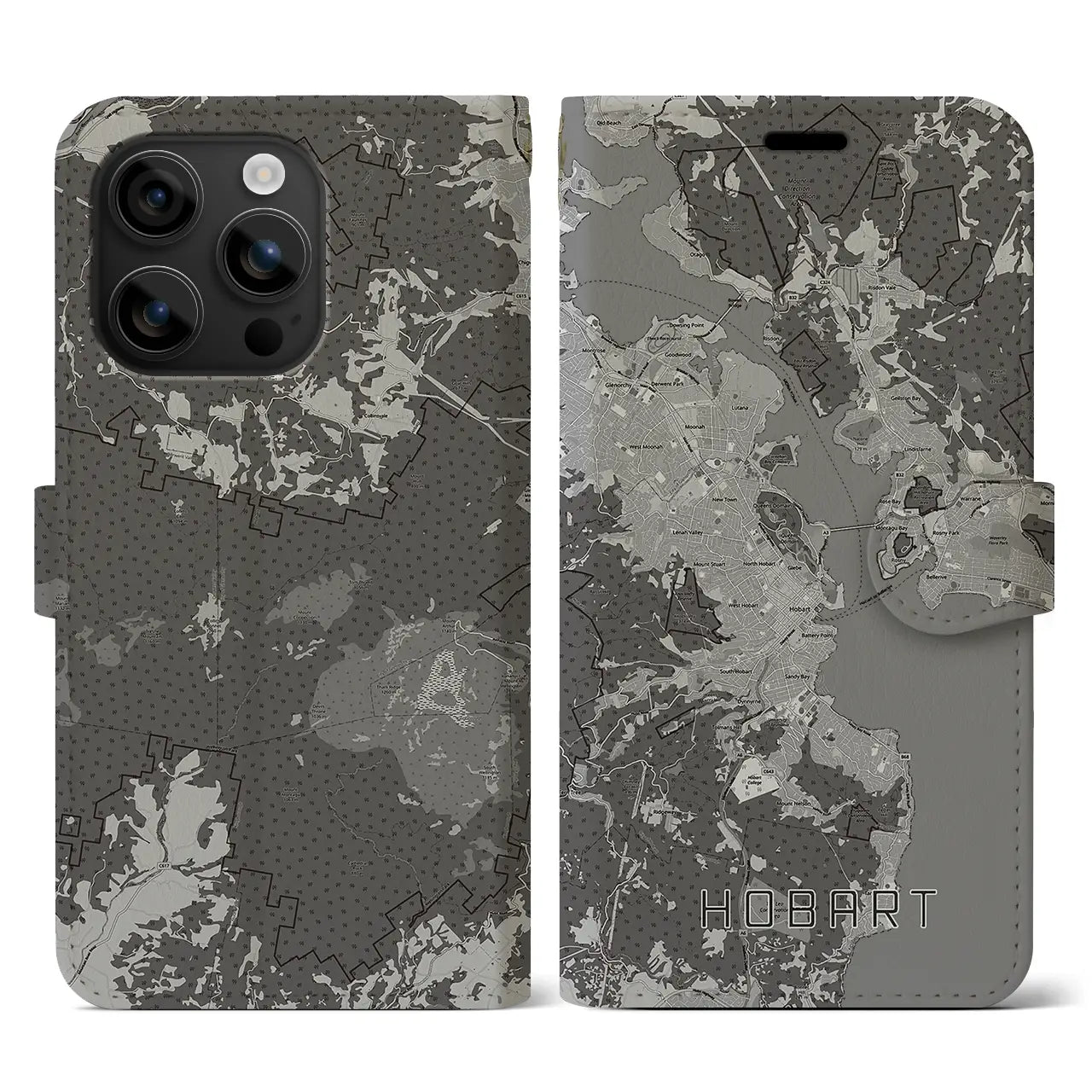 【ホバート(オーストラリア)】地図柄iPhoneケース(手帳タイプ)モノトーン・iPhone 16 用