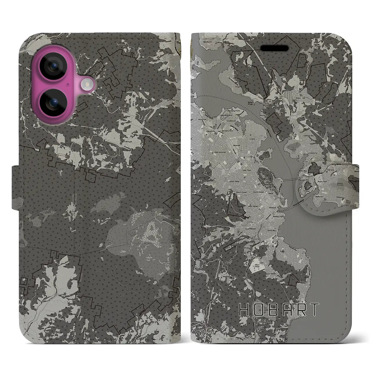 【ホバート(オーストラリア)】地図柄iPhoneケース(手帳タイプ)モノトーン・iPhone 16 Pro 用