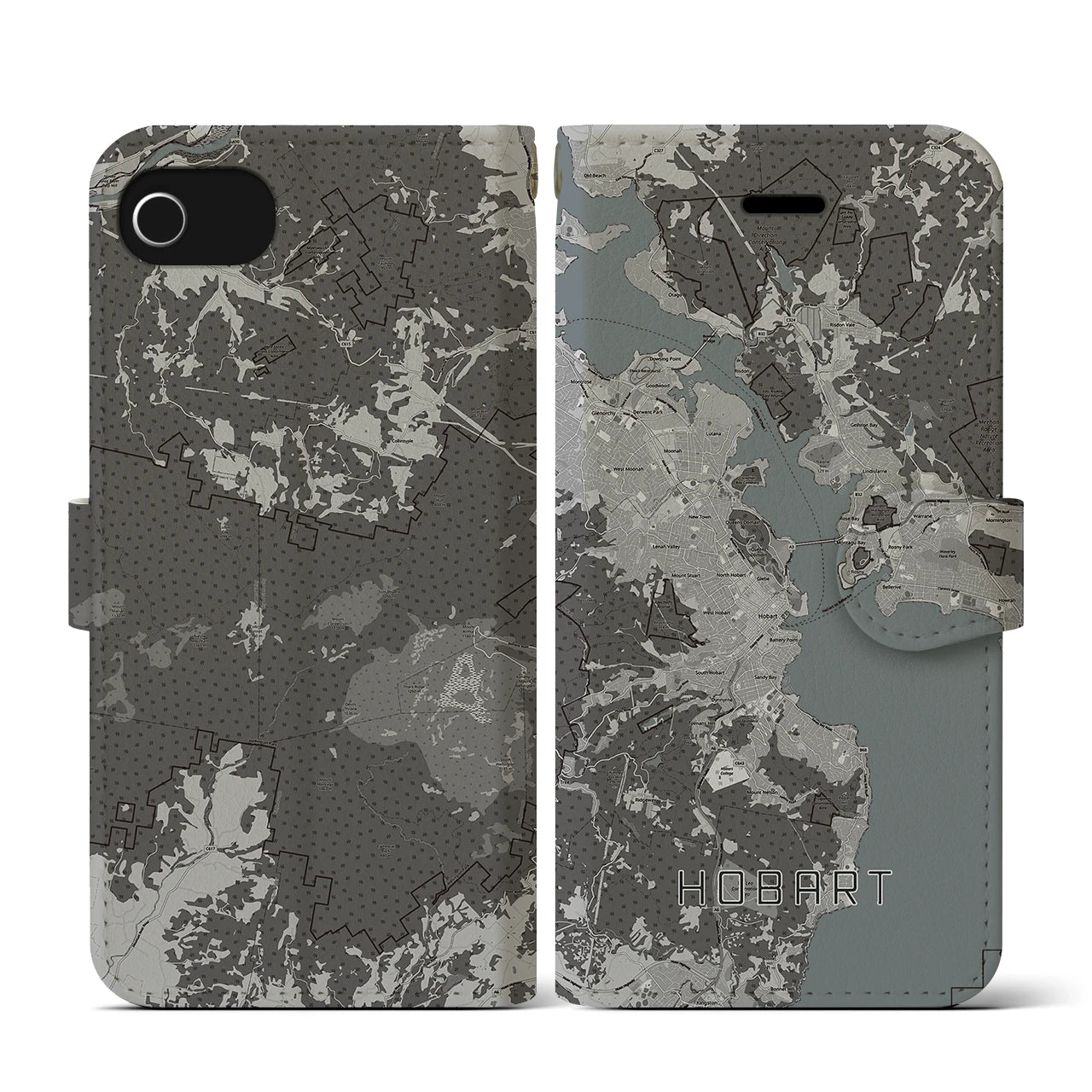 【ホバート(オーストラリア)】地図柄iPhoneケース(手帳タイプ)モノトーン・iPhone SE(第3 / 第2世代) / 8 / 7 / 6s / 6 用