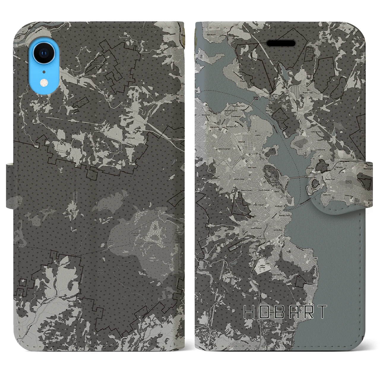 【ホバート(オーストラリア)】地図柄iPhoneケース(手帳タイプ)モノトーン・iPhone XR 用
