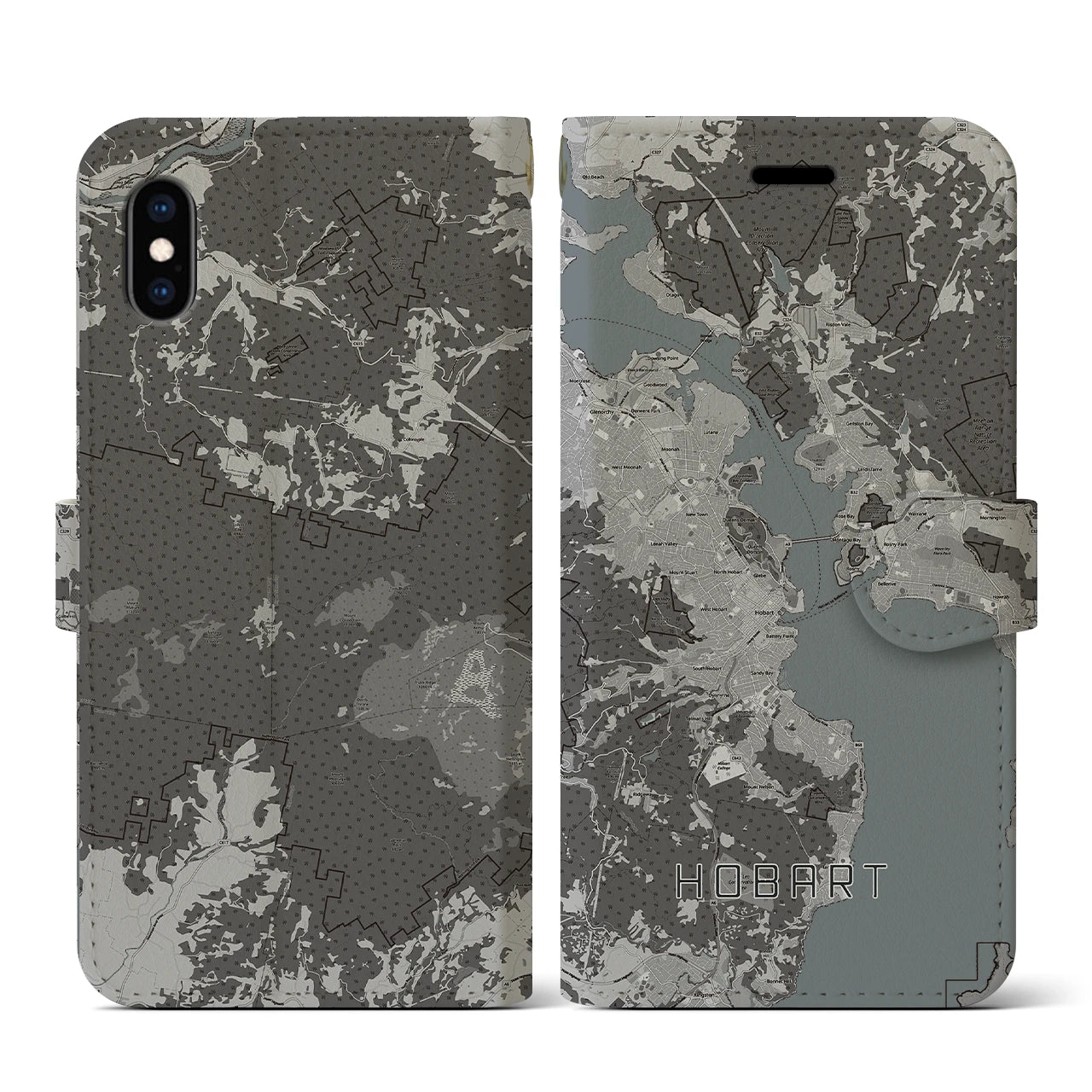 【ホバート(オーストラリア)】地図柄iPhoneケース(手帳タイプ)モノトーン・iPhone XS / X 用