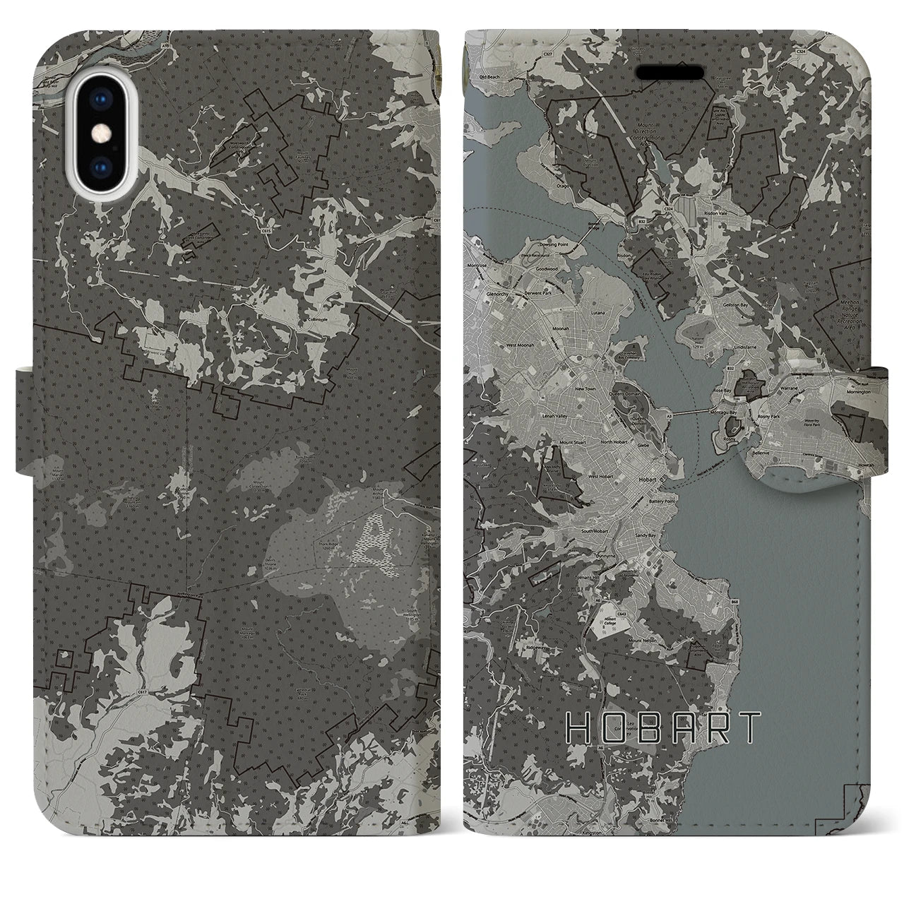 【ホバート(オーストラリア)】地図柄iPhoneケース(手帳タイプ)モノトーン・iPhone XS Max 用
