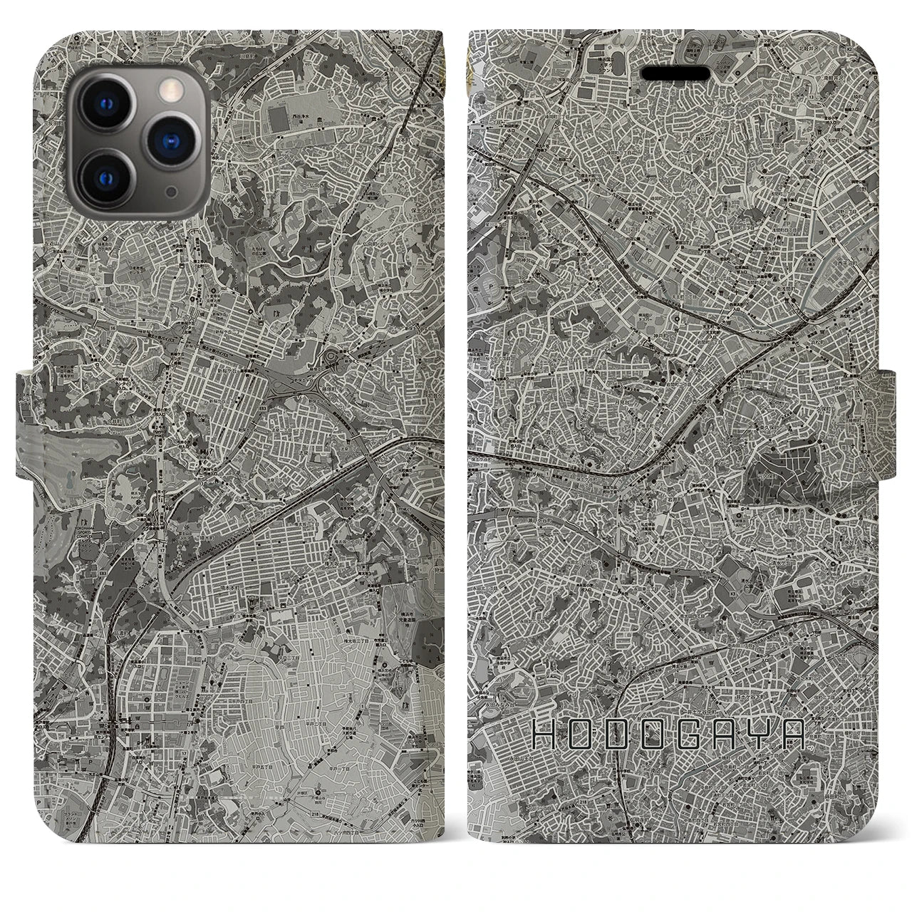 【保土ケ谷(神奈川県)】地図柄iPhoneケース(手帳タイプ)モノトーン・iPhone 11 Pro Max 用