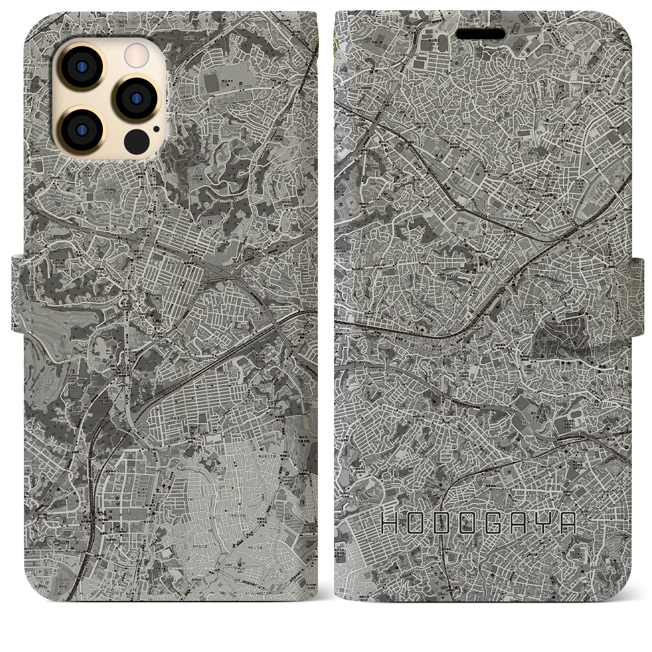 【保土ケ谷(神奈川県)】地図柄iPhoneケース(手帳タイプ)モノトーン・iPhone 12 Pro Max 用