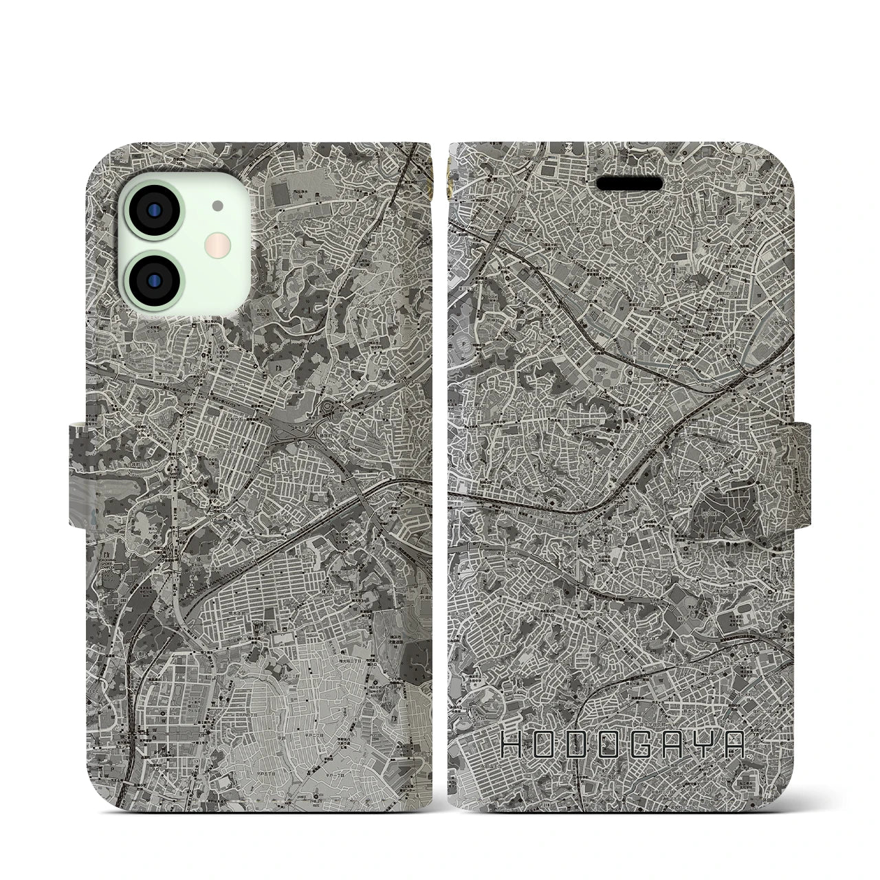 【保土ケ谷(神奈川県)】地図柄iPhoneケース(手帳タイプ)モノトーン・iPhone 12 mini 用