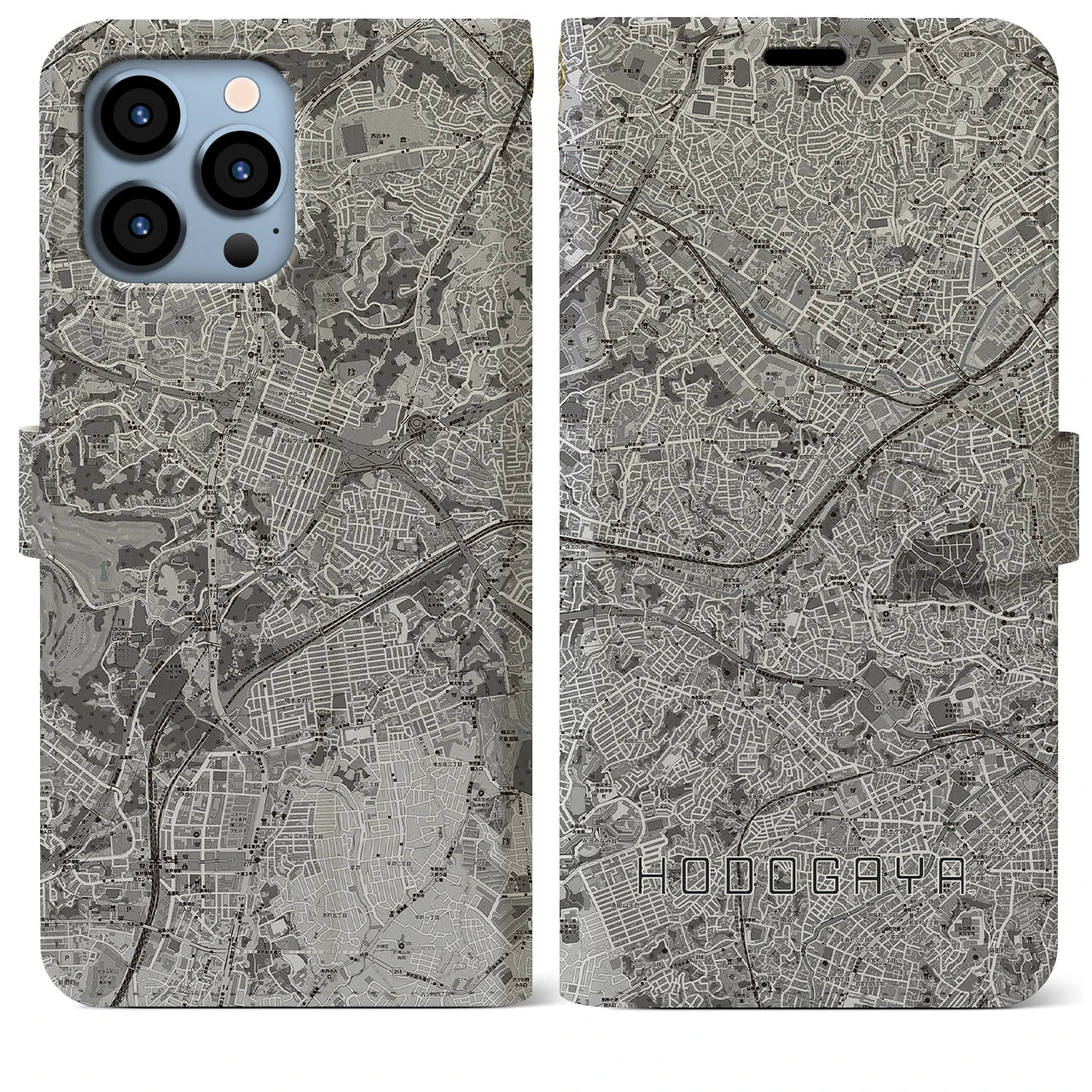 【保土ケ谷(神奈川県)】地図柄iPhoneケース(手帳タイプ)モノトーン・iPhone 13 Pro Max 用