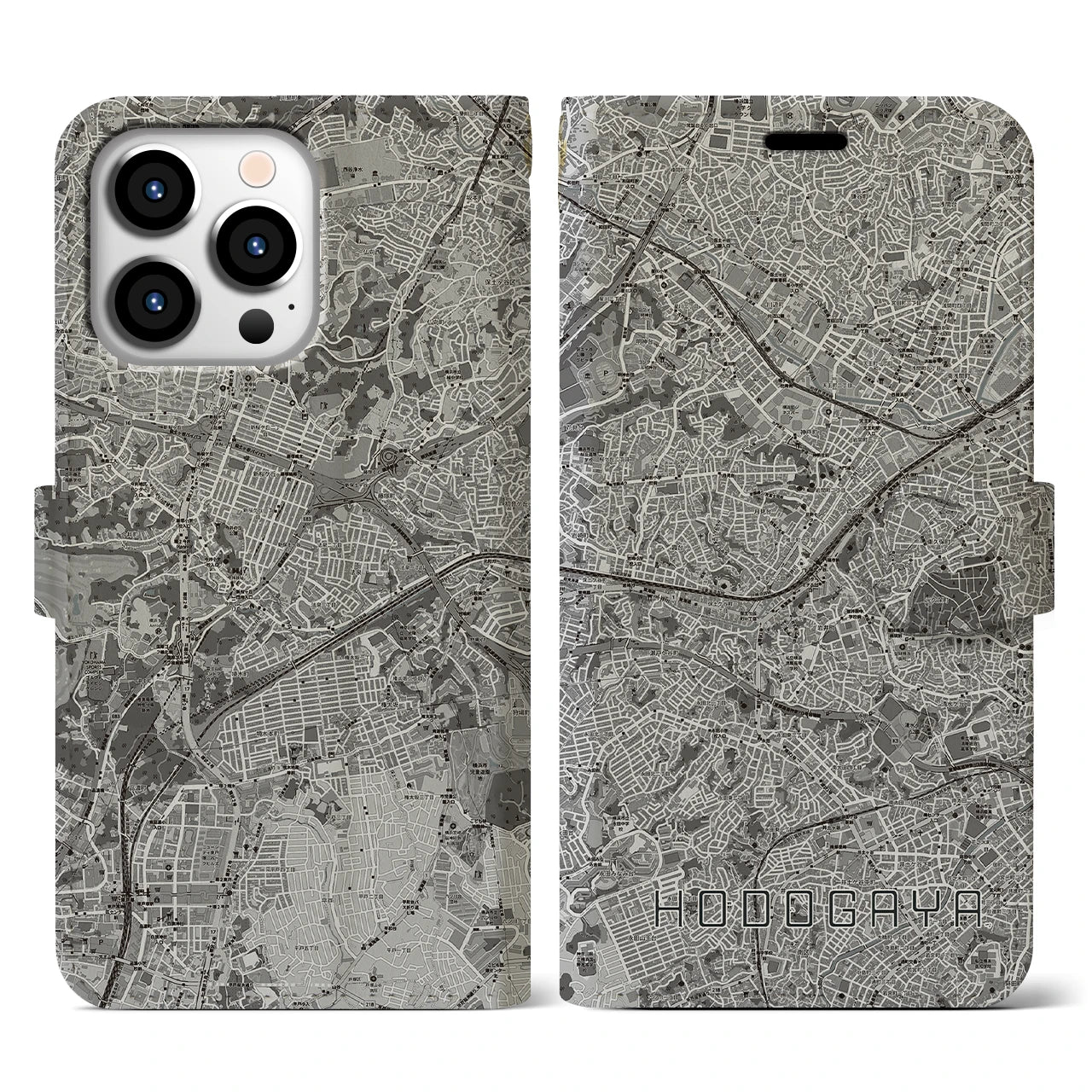 【保土ケ谷(神奈川県)】地図柄iPhoneケース(手帳タイプ)モノトーン・iPhone 13 Pro 用