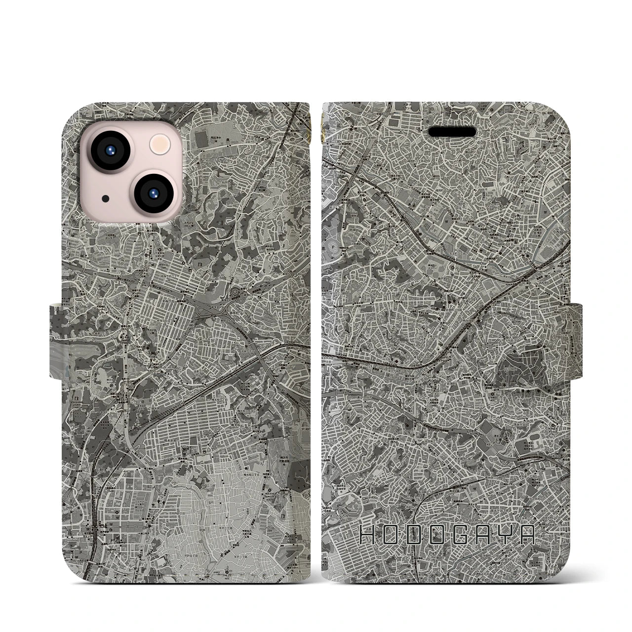 【保土ケ谷(神奈川県)】地図柄iPhoneケース(手帳タイプ)モノトーン・iPhone 13 mini 用