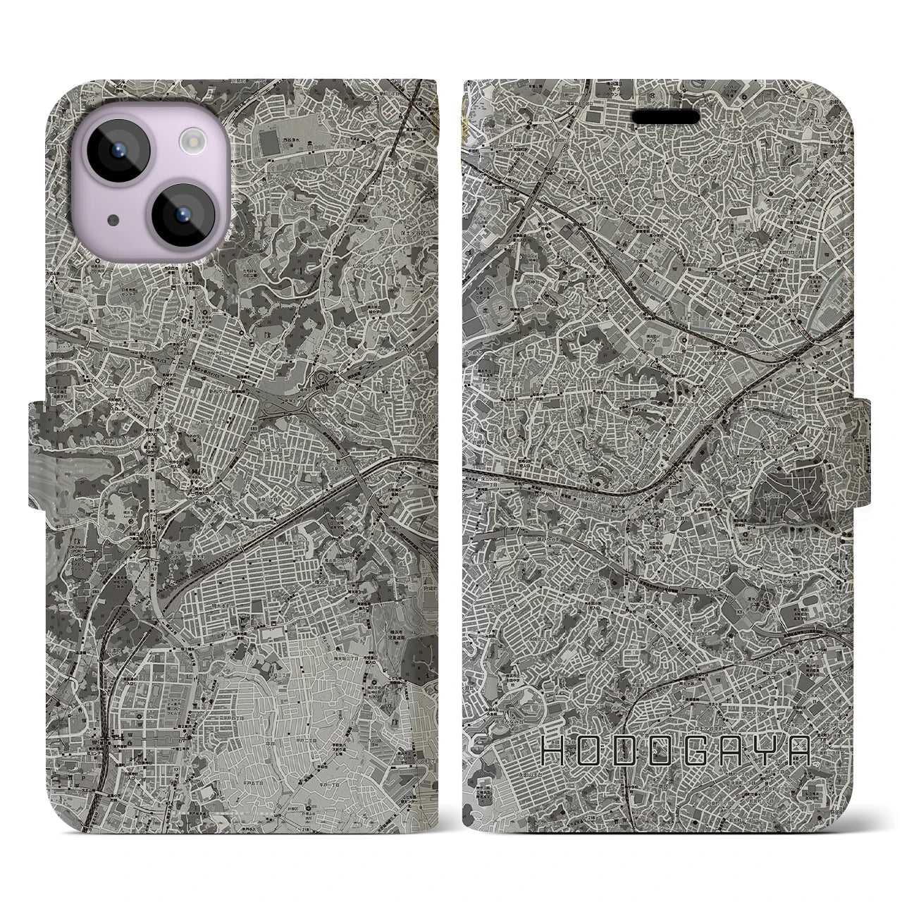 【保土ケ谷(神奈川県)】地図柄iPhoneケース(手帳タイプ)モノトーン・iPhone 14 用
