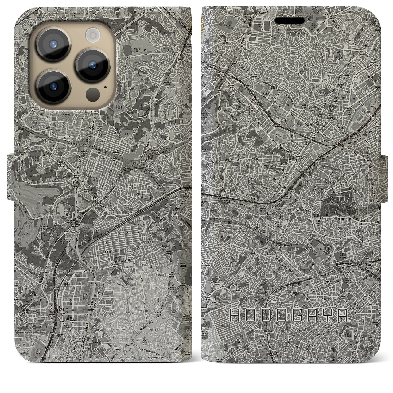 【保土ケ谷(神奈川県)】地図柄iPhoneケース(手帳タイプ)モノトーン・iPhone 14 Pro Max 用