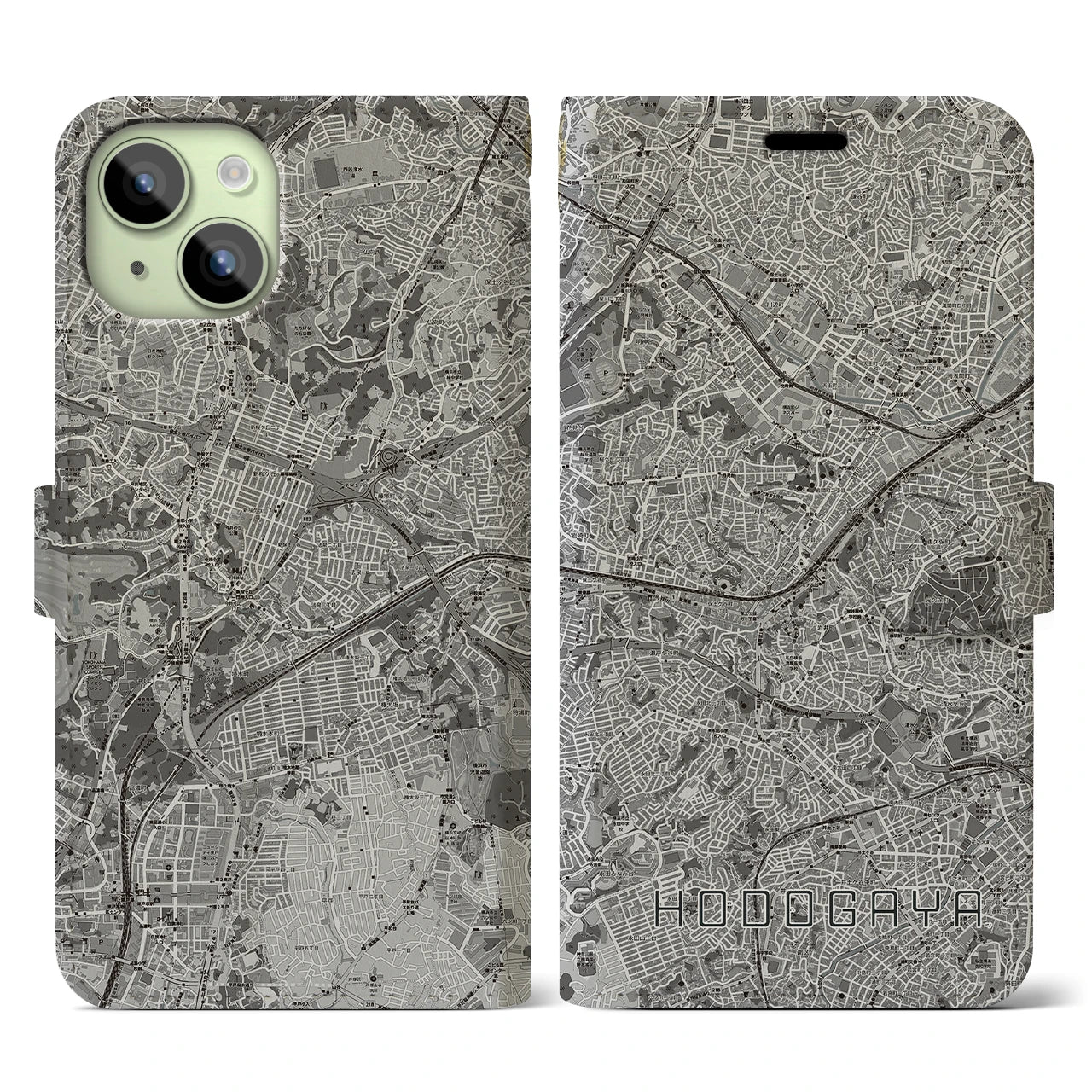 【保土ケ谷(神奈川県)】地図柄iPhoneケース(手帳タイプ)モノトーン・iPhone 15 用