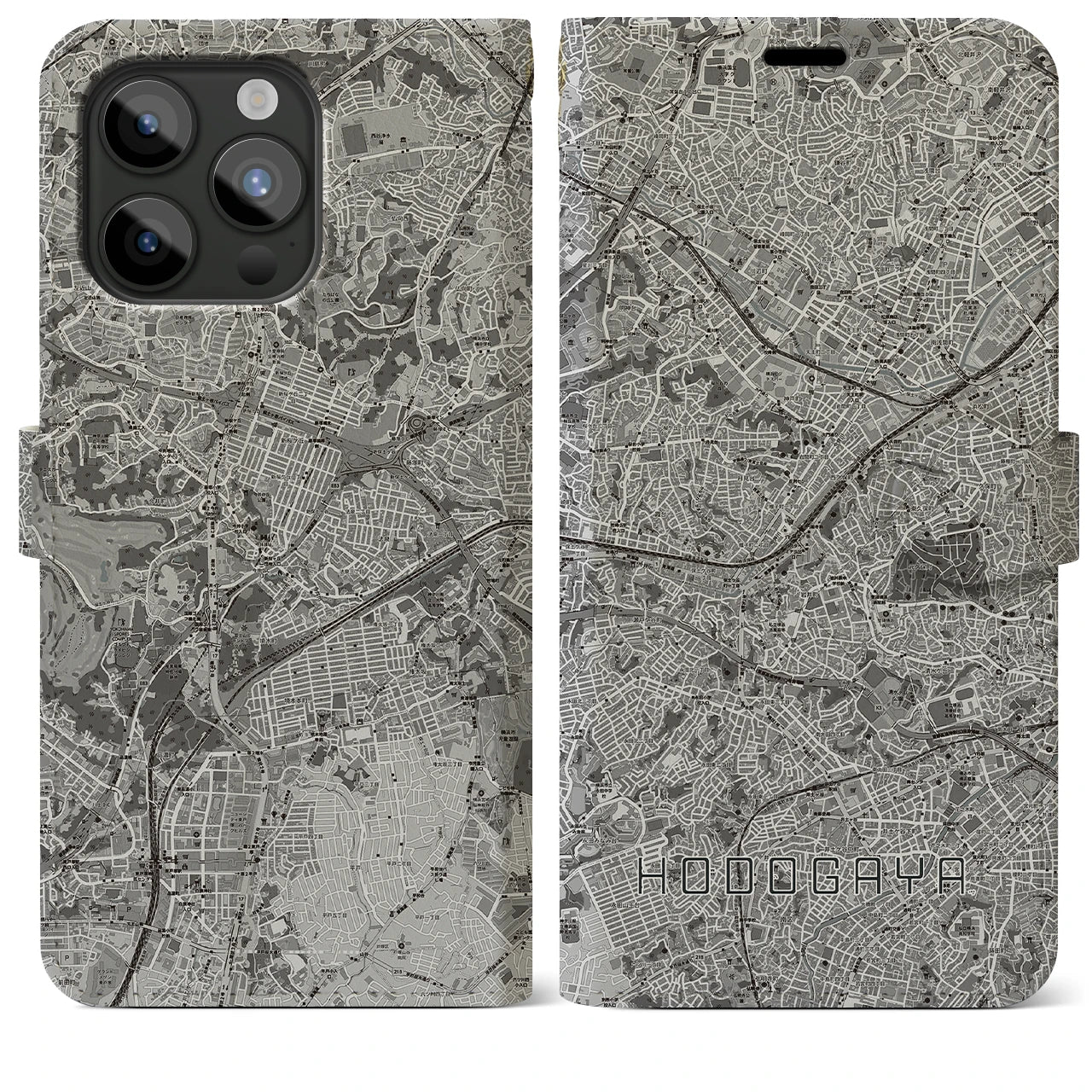 【保土ケ谷(神奈川県)】地図柄iPhoneケース(手帳タイプ)モノトーン・iPhone 15 Pro Max 用