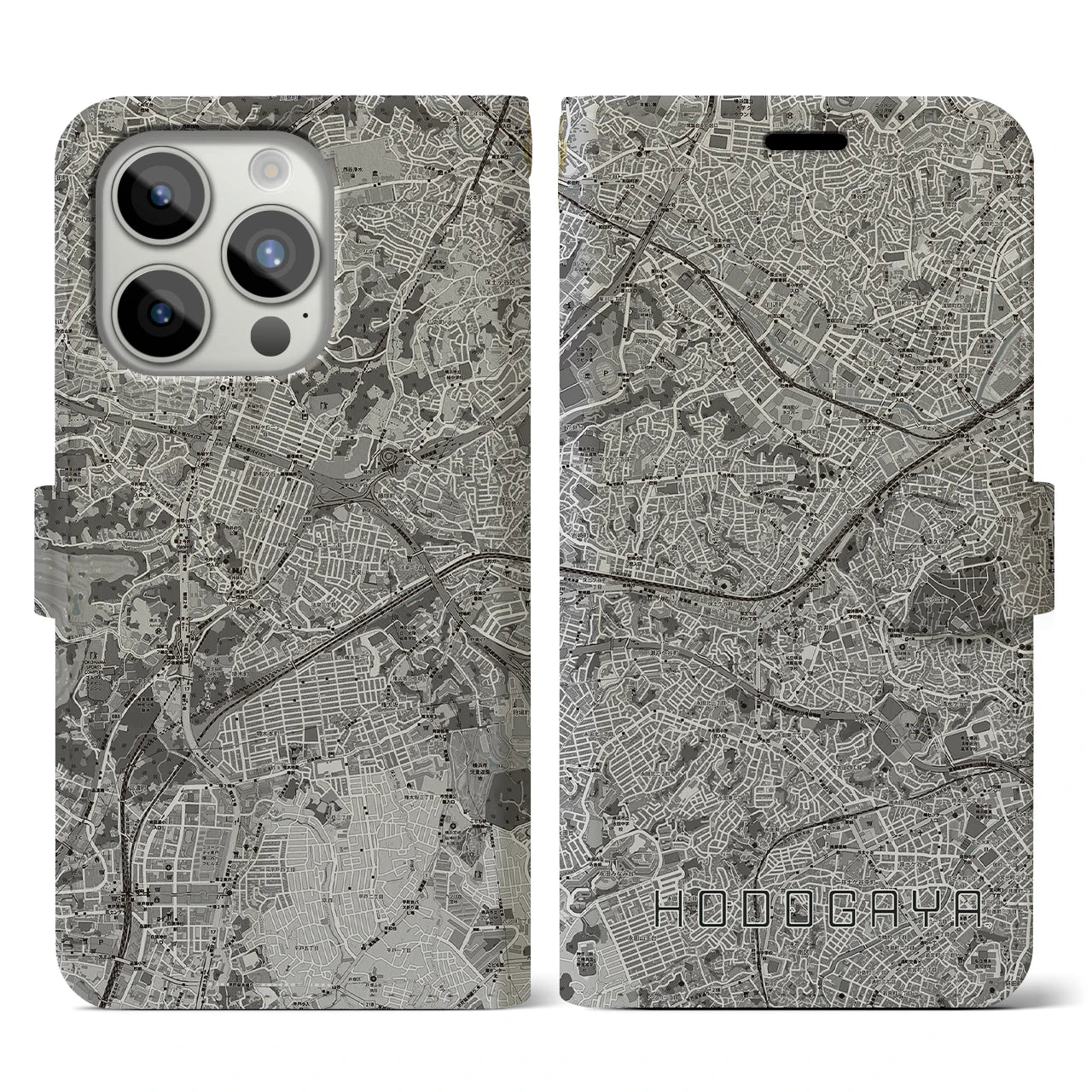 【保土ケ谷(神奈川県)】地図柄iPhoneケース(手帳タイプ)モノトーン・iPhone 15 Pro 用