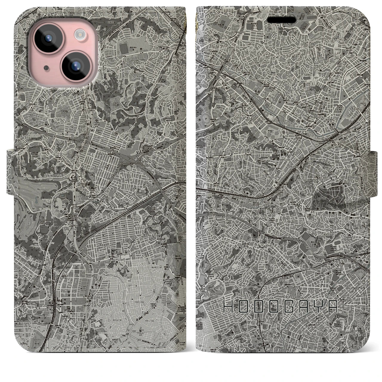 【保土ケ谷(神奈川県)】地図柄iPhoneケース(手帳タイプ)モノトーン・iPhone 15 Plus 用
