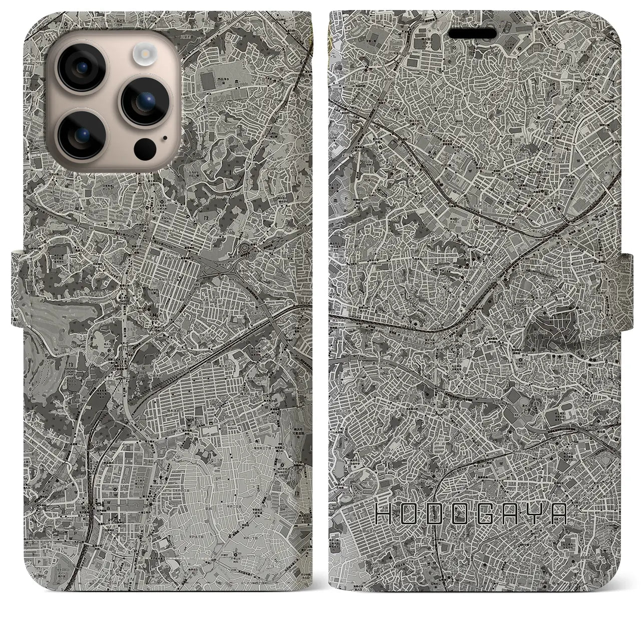 【保土ケ谷(神奈川県)】地図柄iPhoneケース(手帳タイプ)モノトーン・iPhone 16 Plus 用