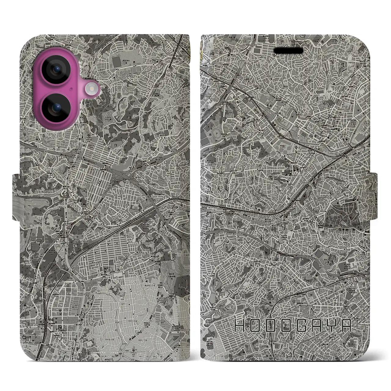 【保土ケ谷(神奈川県)】地図柄iPhoneケース(手帳タイプ)モノトーン・iPhone 16 Pro 用