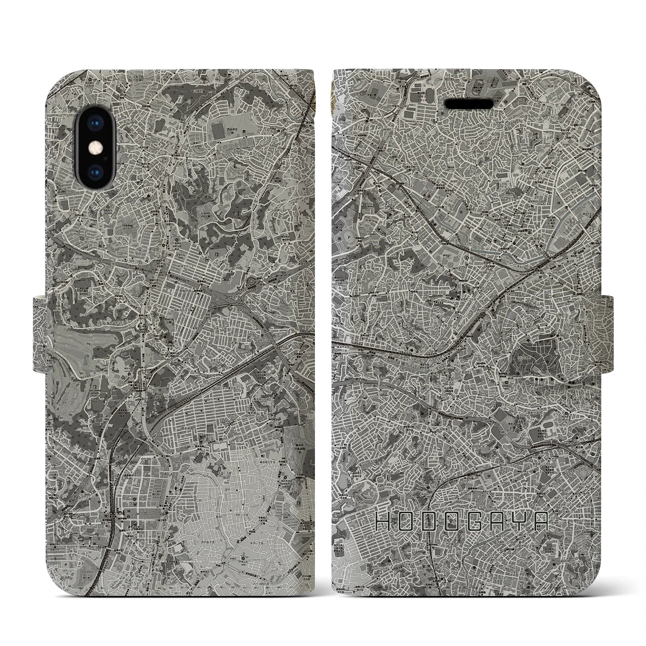 【保土ケ谷(神奈川県)】地図柄iPhoneケース(手帳タイプ)モノトーン・iPhone XS / X 用