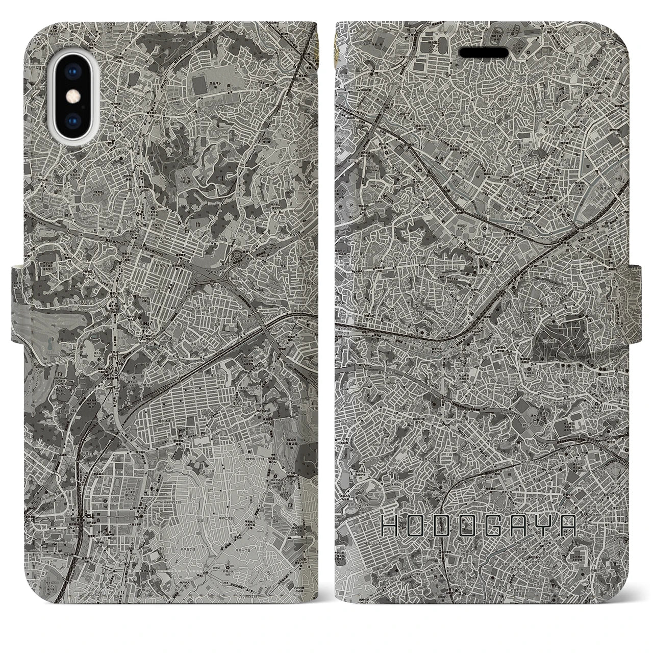 【保土ケ谷(神奈川県)】地図柄iPhoneケース(手帳タイプ)モノトーン・iPhone XS Max 用