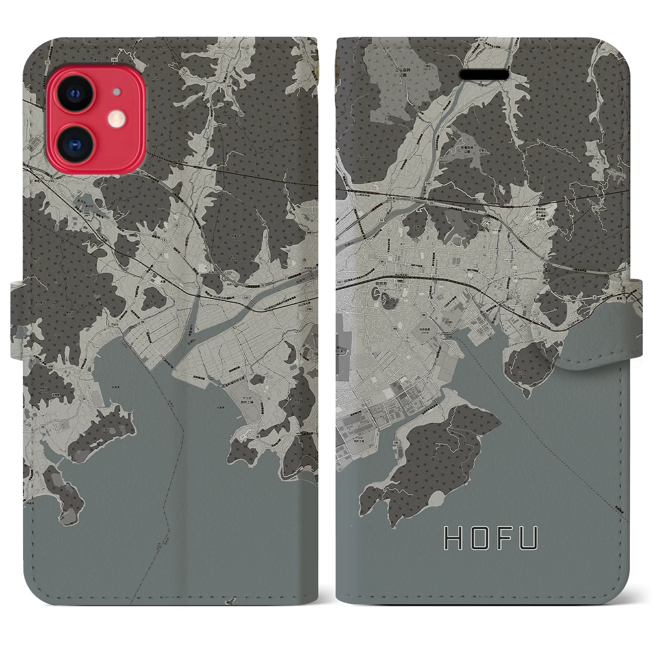 【防府(山口県)】地図柄iPhoneケース(手帳タイプ)モノトーン・iPhone 11 用