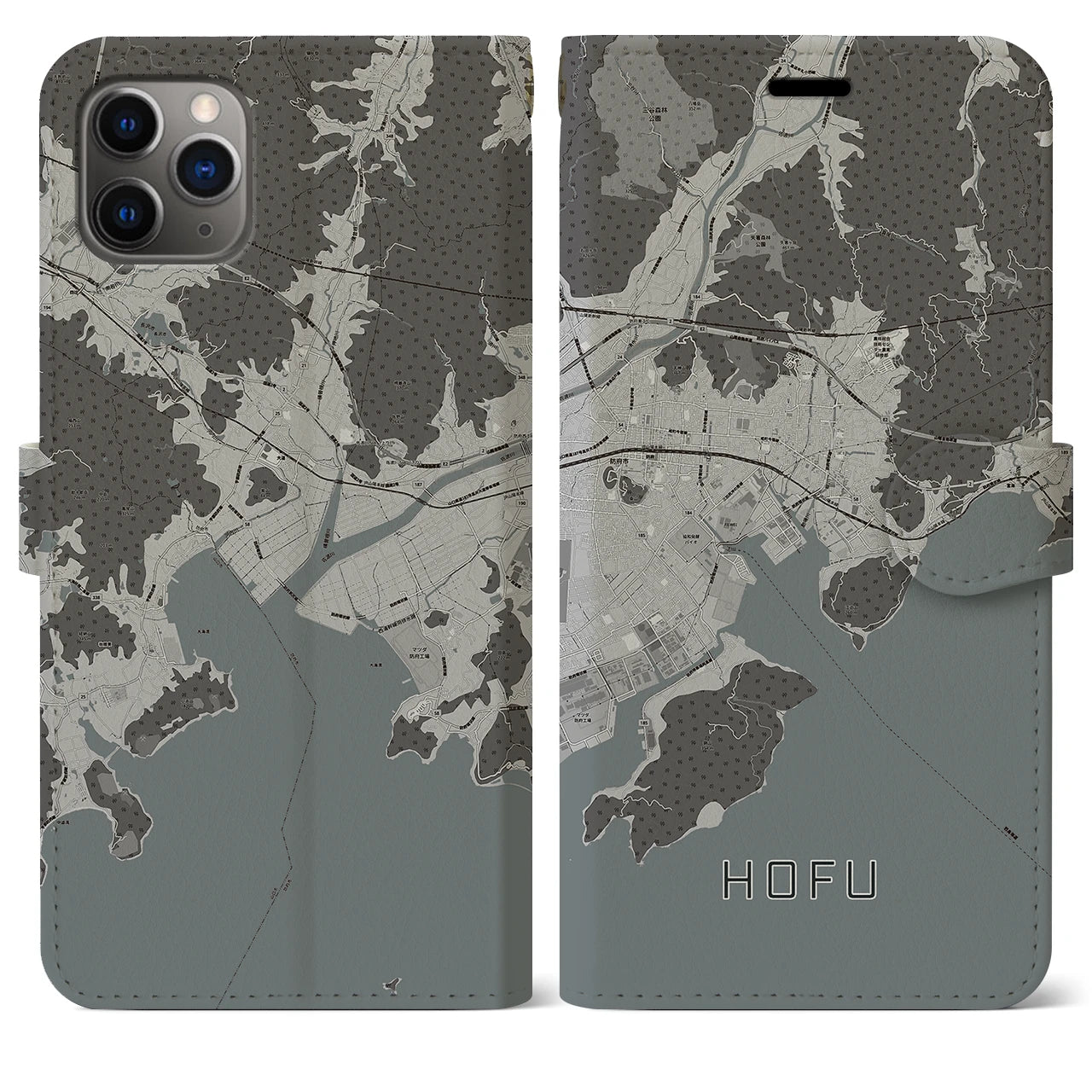 【防府(山口県)】地図柄iPhoneケース(手帳タイプ)モノトーン・iPhone 11 Pro Max 用