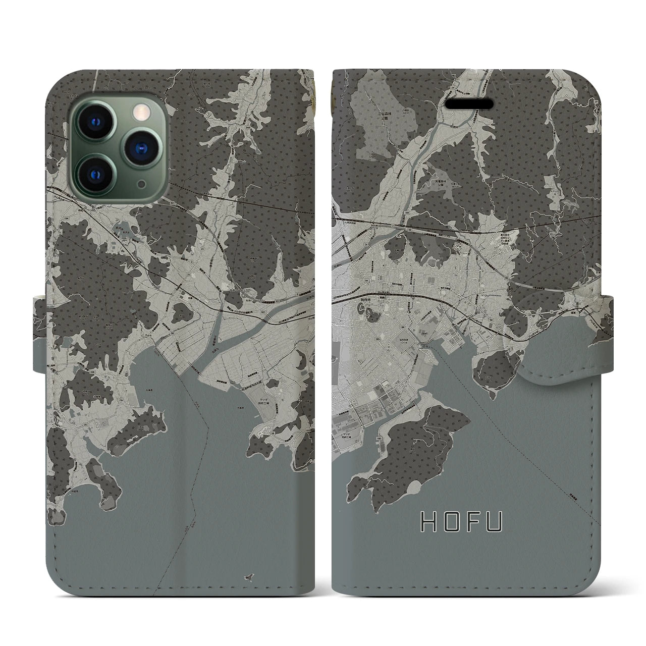 【防府(山口県)】地図柄iPhoneケース(手帳タイプ)モノトーン・iPhone 11 Pro 用