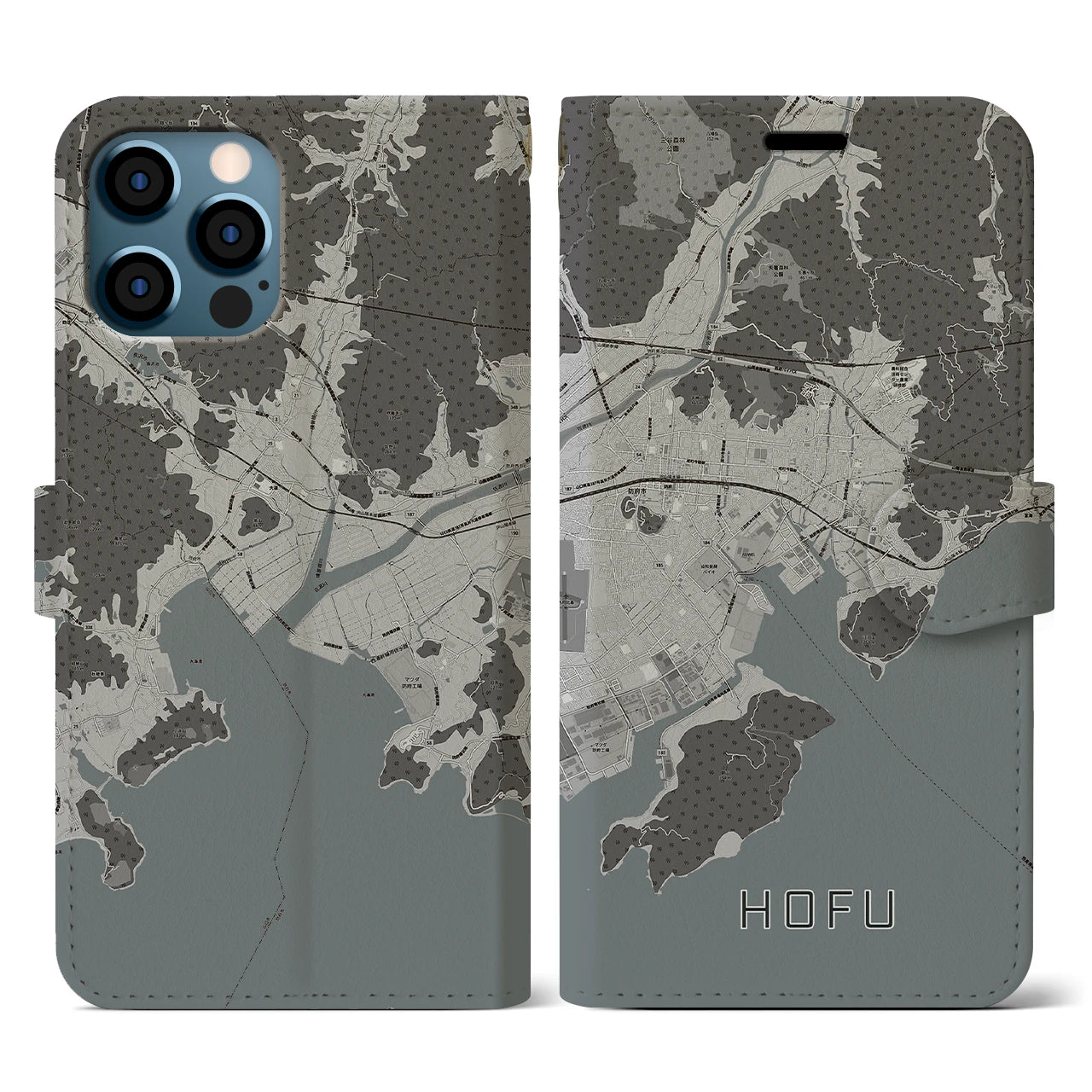 【防府(山口県)】地図柄iPhoneケース(手帳タイプ)モノトーン・iPhone 12 / 12 Pro 用