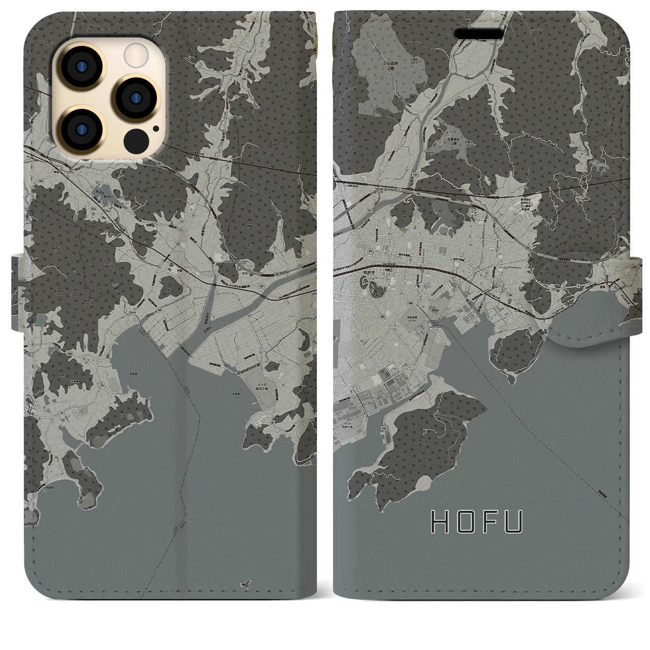 【防府(山口県)】地図柄iPhoneケース(手帳タイプ)モノトーン・iPhone 12 Pro Max 用