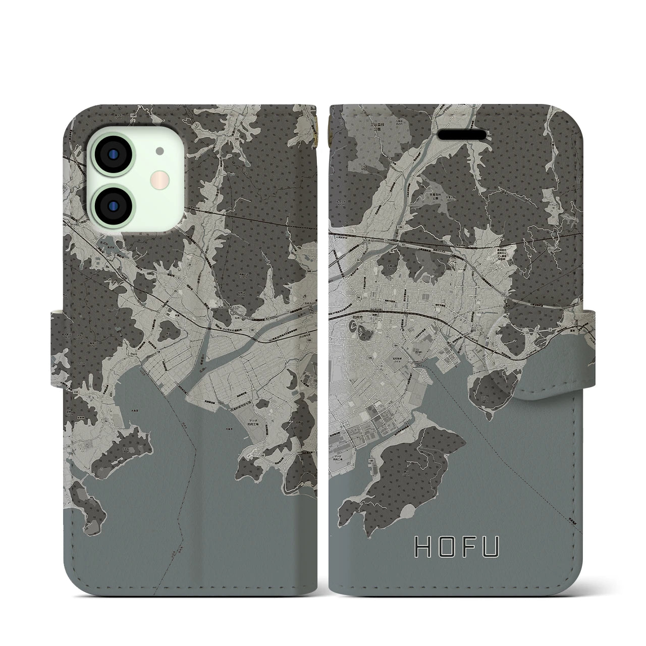 【防府(山口県)】地図柄iPhoneケース(手帳タイプ)モノトーン・iPhone 12 mini 用