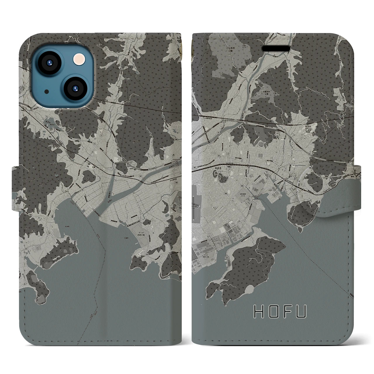 【防府(山口県)】地図柄iPhoneケース(手帳タイプ)モノトーン・iPhone 13 用