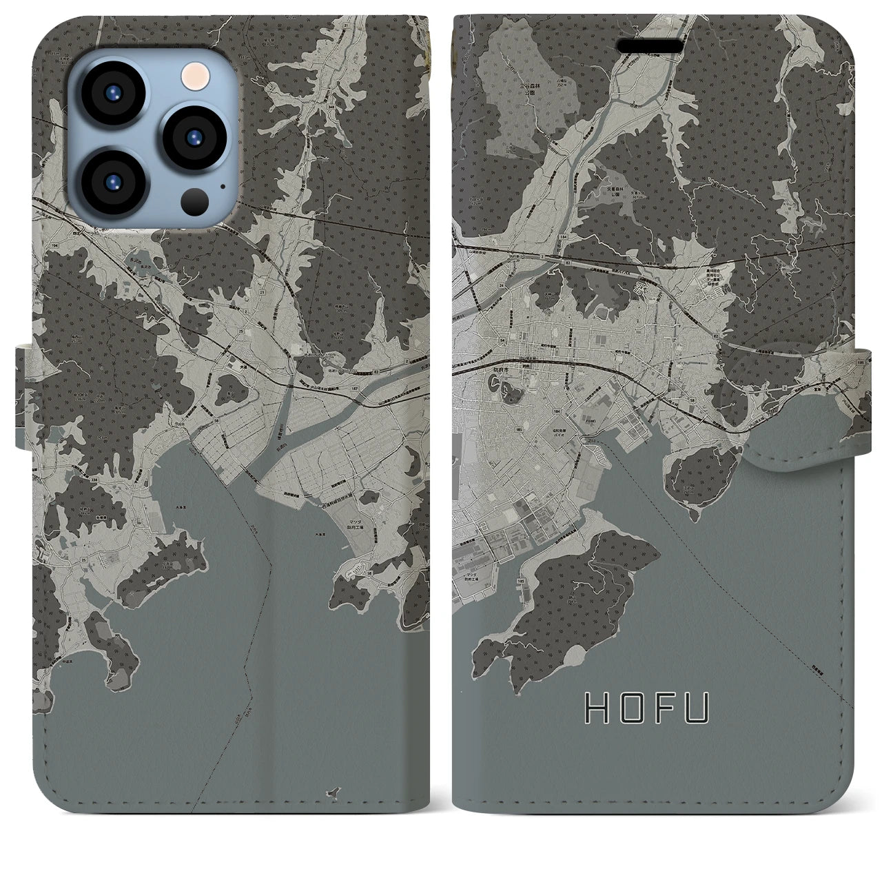 【防府(山口県)】地図柄iPhoneケース(手帳タイプ)モノトーン・iPhone 13 Pro Max 用