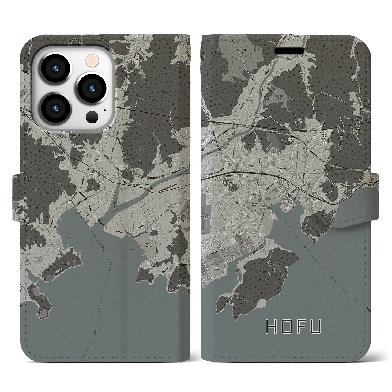 【防府(山口県)】地図柄iPhoneケース(手帳タイプ)モノトーン・iPhone 13 Pro 用