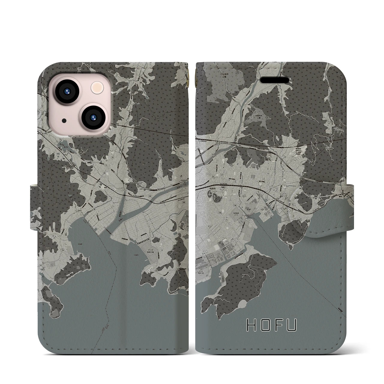 【防府(山口県)】地図柄iPhoneケース(手帳タイプ)モノトーン・iPhone 13 mini 用