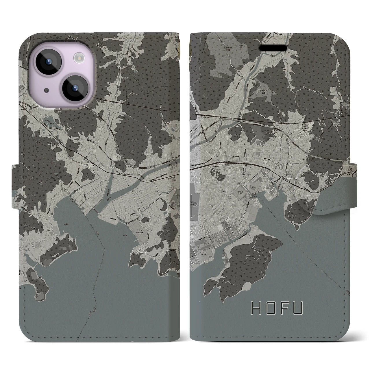 【防府(山口県)】地図柄iPhoneケース(手帳タイプ)モノトーン・iPhone 14 用