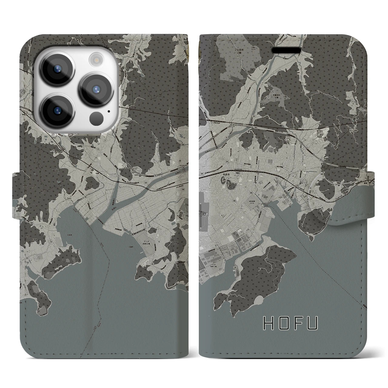 【防府(山口県)】地図柄iPhoneケース(手帳タイプ)モノトーン・iPhone 14 Pro 用