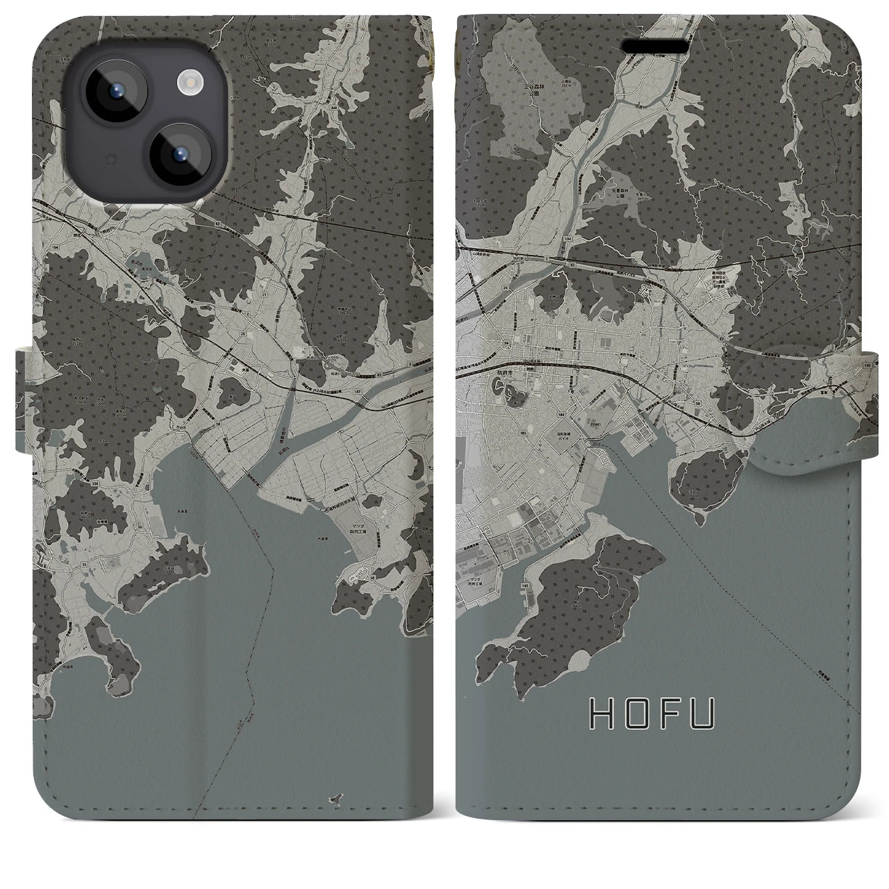 【防府(山口県)】地図柄iPhoneケース(手帳タイプ)モノトーン・iPhone 14 Plus 用