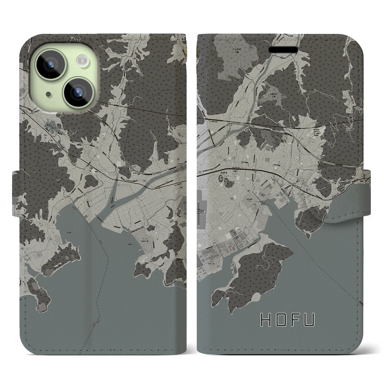 【防府(山口県)】地図柄iPhoneケース(手帳タイプ)モノトーン・iPhone 15 用