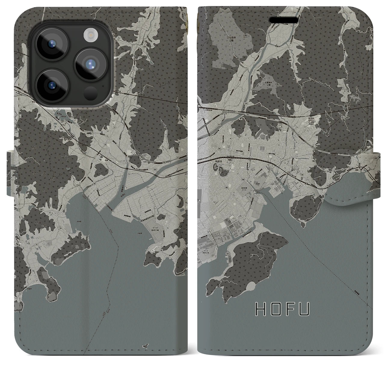 【防府(山口県)】地図柄iPhoneケース(手帳タイプ)モノトーン・iPhone 15 Pro Max 用