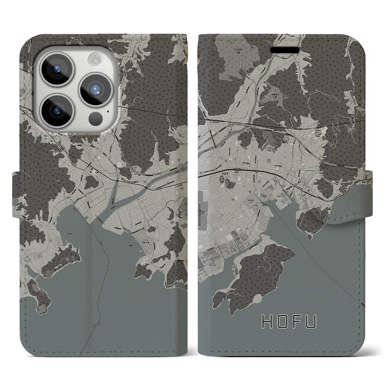 【防府(山口県)】地図柄iPhoneケース(手帳タイプ)モノトーン・iPhone 15 Pro 用