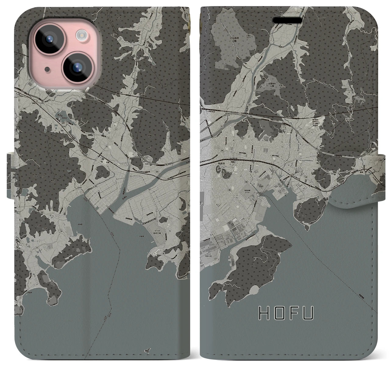 【防府(山口県)】地図柄iPhoneケース(手帳タイプ)モノトーン・iPhone 15 Plus 用