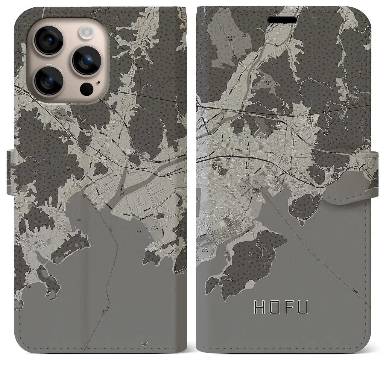 【防府(山口県)】地図柄iPhoneケース(手帳タイプ)モノトーン・iPhone 16 Plus 用