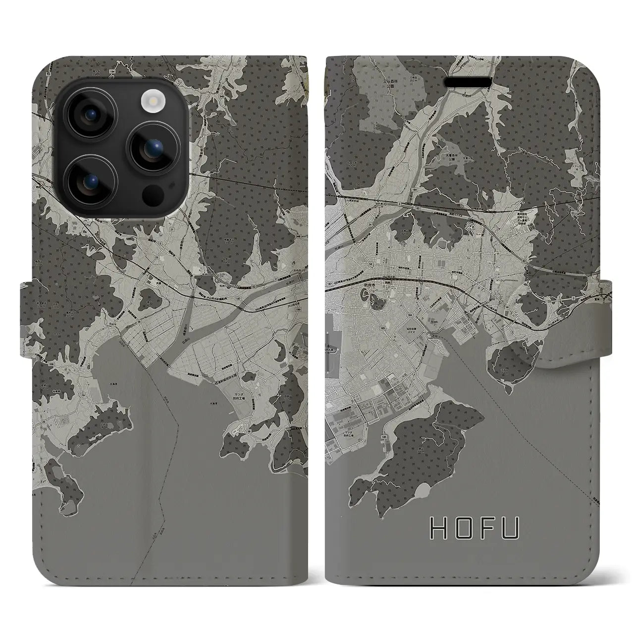 【防府(山口県)】地図柄iPhoneケース(手帳タイプ)モノトーン・iPhone 16 用