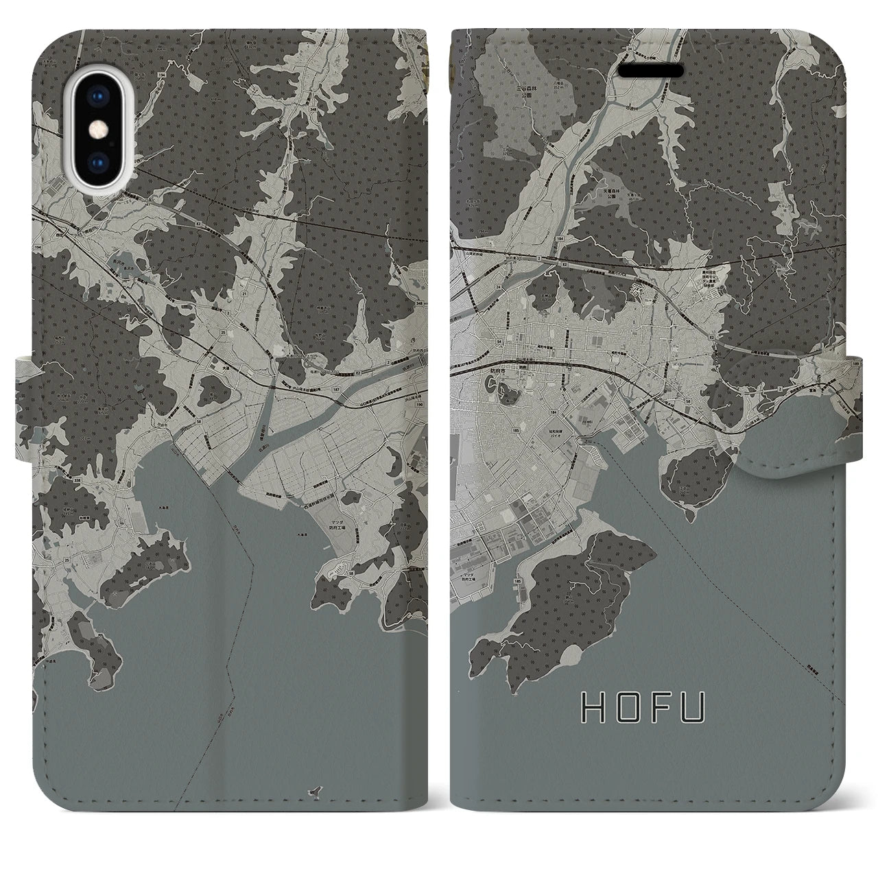 【防府(山口県)】地図柄iPhoneケース(手帳タイプ)モノトーン・iPhone XS Max 用